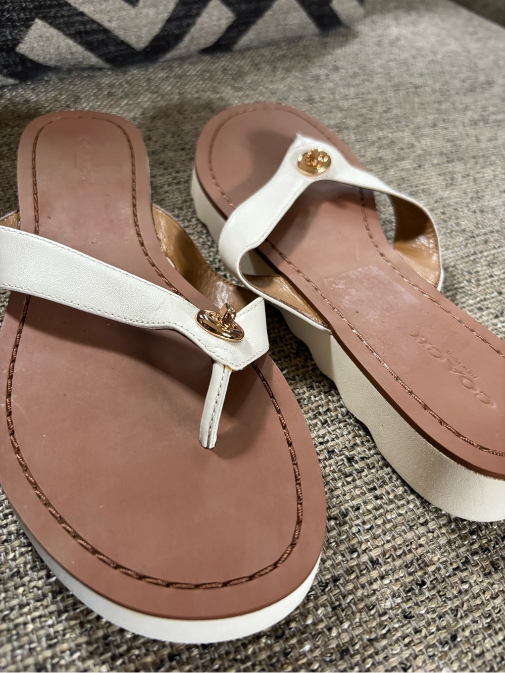 Coach White Leather Platform Thong Sandals with Brown Footbed - Picture 6 of 15